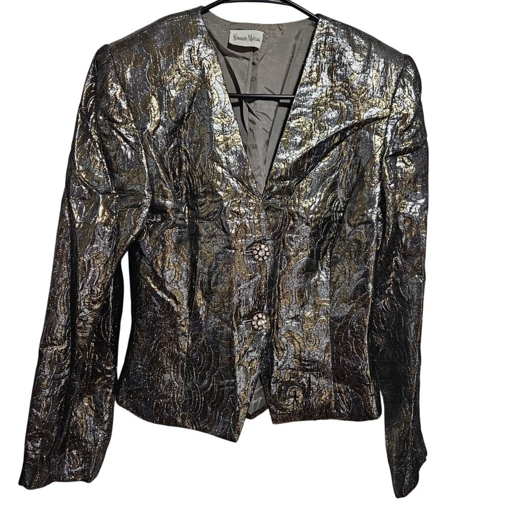 Vintage Neiman Marcus Metallic Brocade Blazer Sz Small Rhinestone Buttons Jacket
